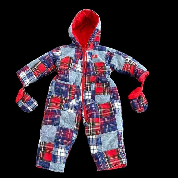 Vintage Osh Kosh B’Gosh Baby 12 months Patchwork Pram Snowsuit Flannel Mittens - Picture 1 of 9